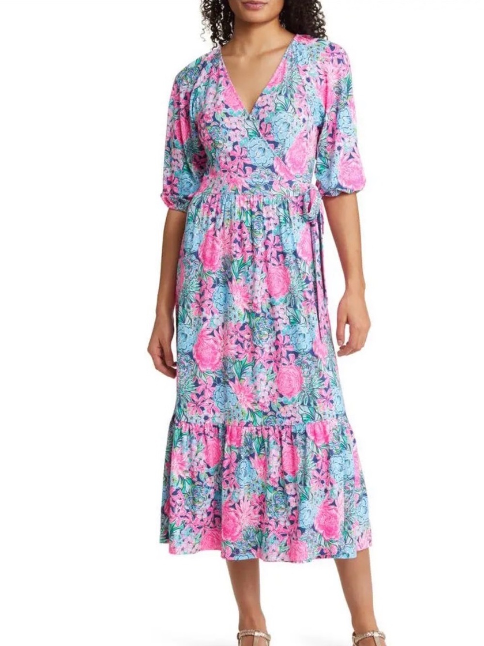 Wrap Maxi Dress with Pink & Blue Floral Print